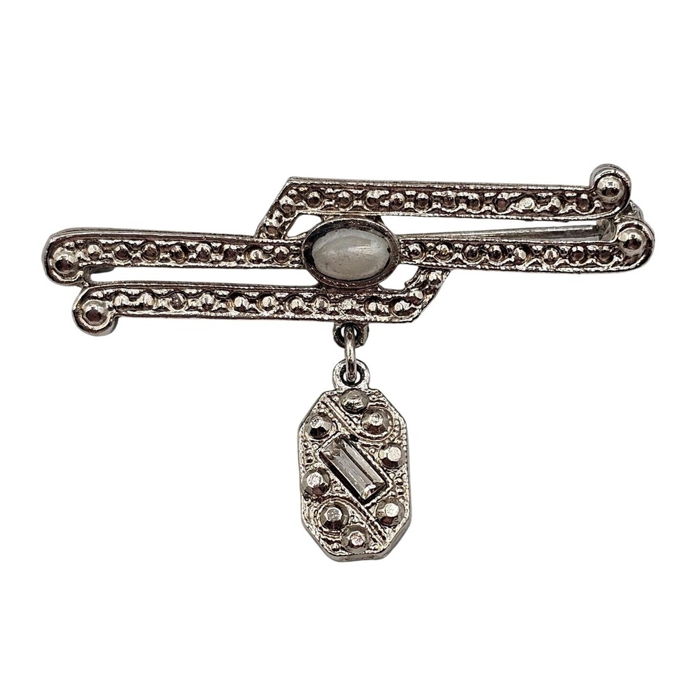 Art Deco Style Geometric Bar Brooch‎ Silver Tone Faux Pearl Rhinestone Dangle